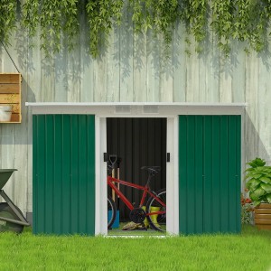 Outsunny Gerätehaus mit Schiebetür, grün, mit Fahrrad und Gartengeräten im Inneren.