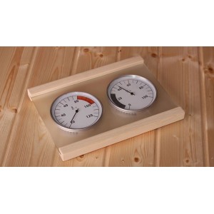 Karibu Klimamessstation Premium für Sauna: Thermometer und Hygrometer im Holzrahmen.