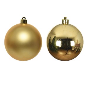 Zwei goldene Christbaumkugeln aus Kunststoff, 4cm, matt und glänzend. Ideal für Weihnachtsbaum & Außendeko.
