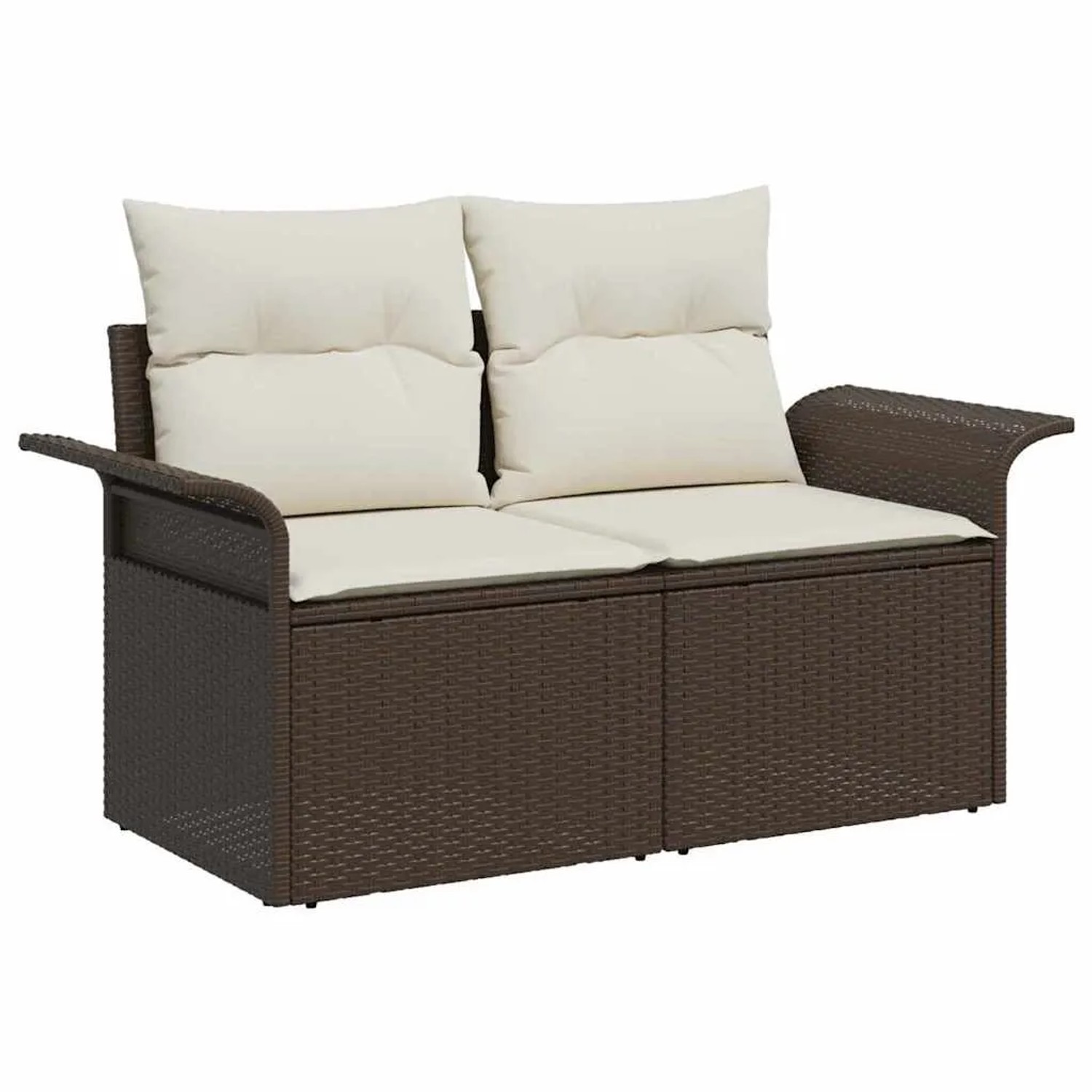 Braunes 7-teiliges Garten-Sofa-Set aus Poly Rattan mit beigen Kissen.