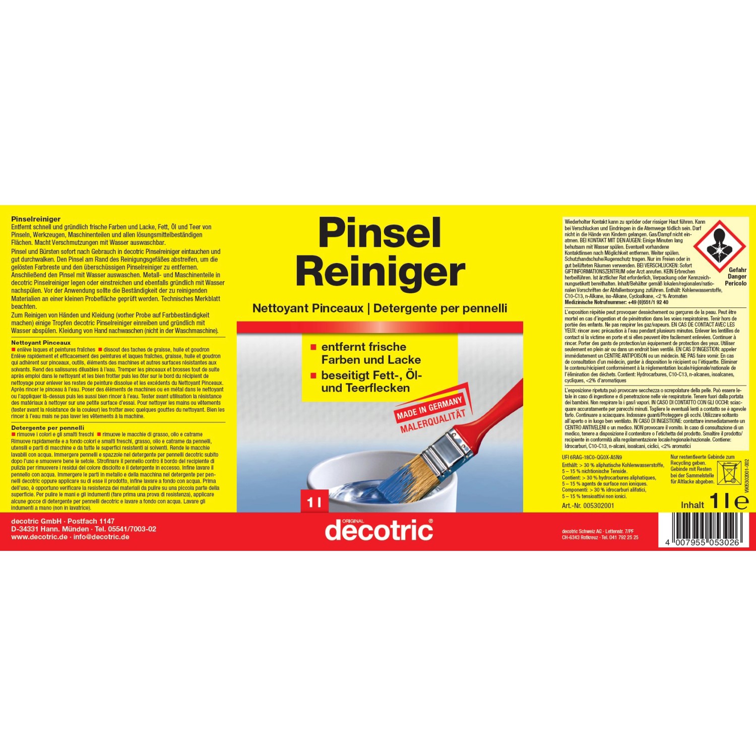 Decotric Pinselreiniger 1 l: Reiniger für Pinsel, entfernt Farbe, Lack, Öl und Teer.