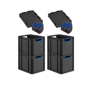 PROREGAL SuperSparSet: 4 Euroboxen mit Deckel, 30L, schwarz mit blauen Griffen. Stapelbare Aufbewahrungsboxen.