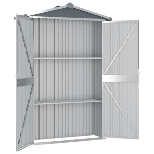 Graues vidaXL Gerätehaus aus Stahl, 107,5x46x183 cm, mit offenen Doppeltüren und Regalen.