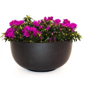 Schwarzer, runder Elegant Einrichten Fiberglas Pflanzkübel (D70xH35cm) mit lila blühenden Pflanzen.