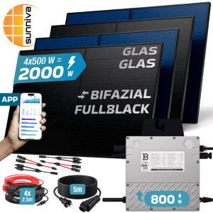 SUNNIVA Balkonkraftwerk 2000W mit 800W Wechselrichter, bifaziale Fullblack Solarmodule, Kabel und App-Steuerung.