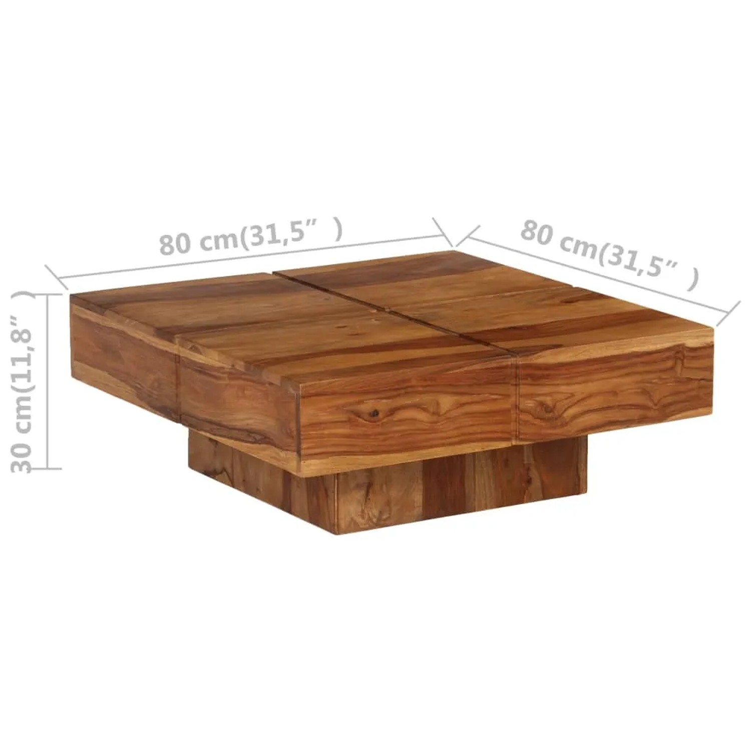 Quadratischer Couchtisch aus Akazienholz, 80x80x30 cm, für das Wohnzimmer.