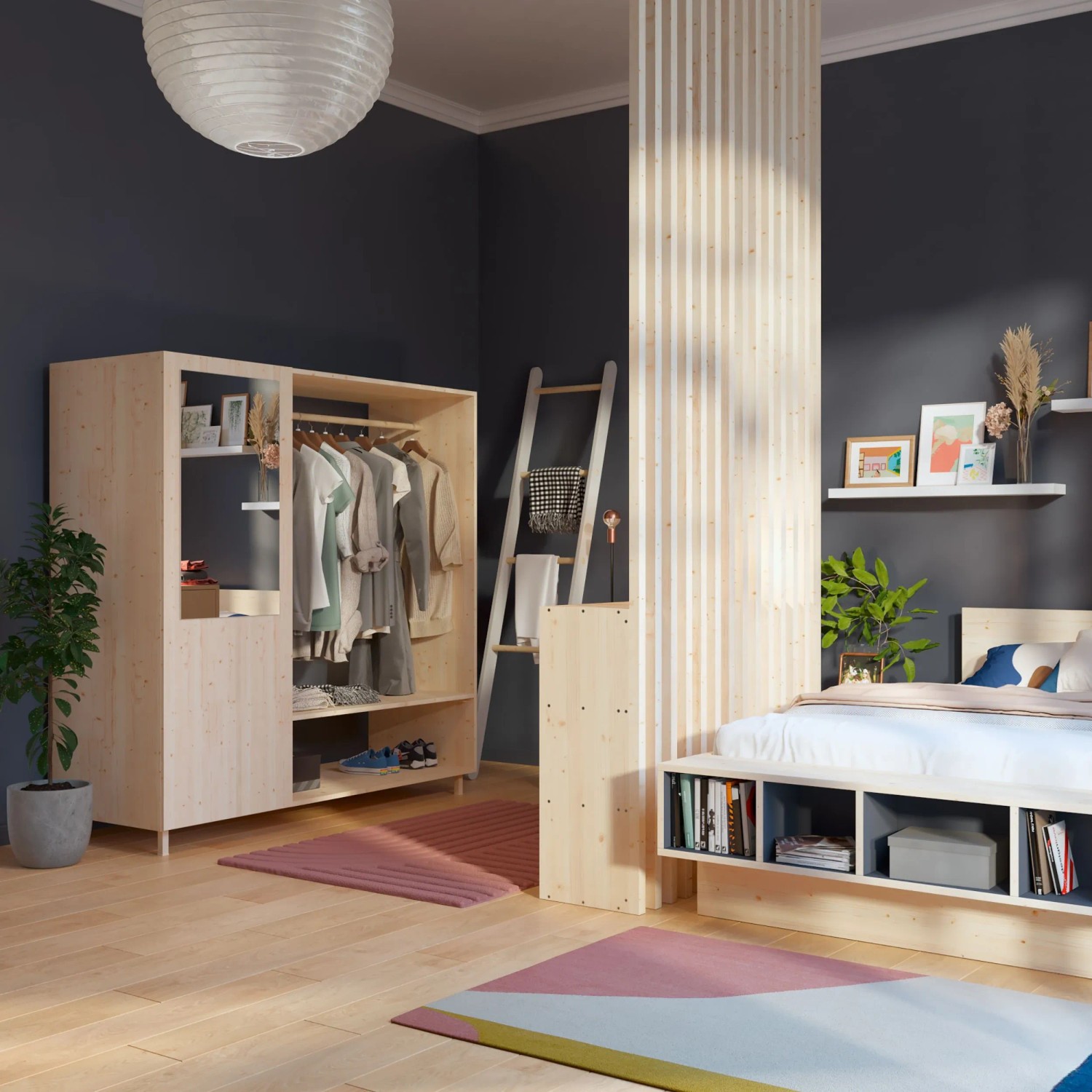 Schlafzimmer mit CREATE! by OBI Kleiderschrank und Wandfarbe Erik Indigoblau.