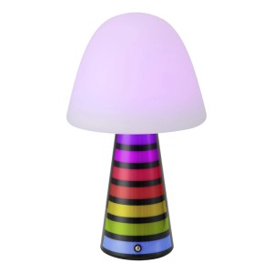 Eglo LED-Pilztischleuchte mit weißem Schirm und buntem RGB-Streifensockel. Dimmbare LED-Tischleuchte mit Musiksynchronisation.