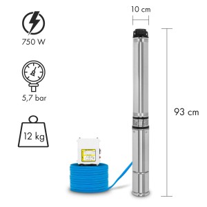 EBERTH Tiefbrunnenpumpe 750W, 93cm hoch, aus Edelstahl mit blauem Kabel und Schaltbox.