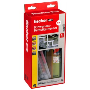 Fischer Schwerlast-Befestigungsset M10 in roter Verpackung mit Injektionsmörtel, Ankerstange und Mischdüsen für Dübel.
