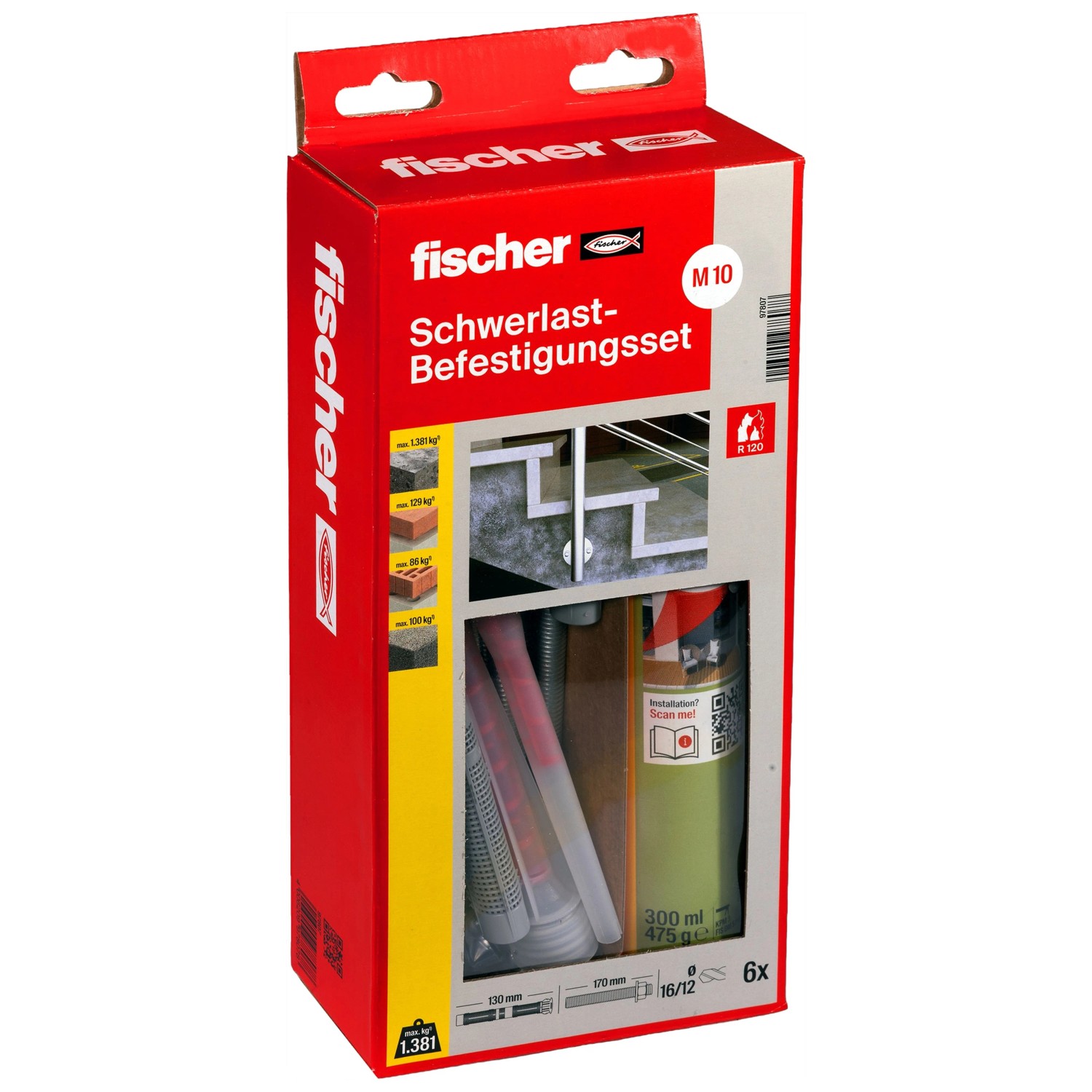 Fischer Schwerlast-Befestigungsset M10 in roter Verpackung mit Injektionsmörtel, Ankerstange und Mischdüsen für Dübel.