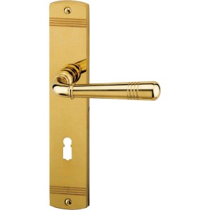 Messing polierte Langschildgarnitur für Zimmertüren mit Buntbart-Lochung.