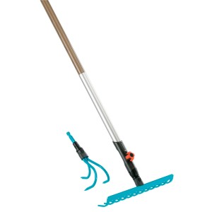 Gardena combisystem Rechen und Grubber mit Stiel, blau. Für Gartenarbeiten wie Rechen, Einebnen und Bodenbearbeitung.