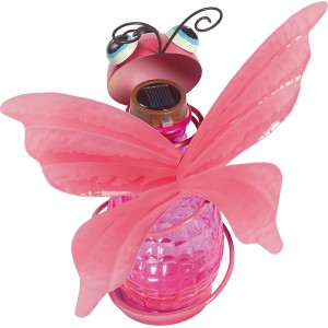 Pinke LED-Solartischleuchte Cabelli Schmetterling aus Glas und Edelstahl für den Garten.