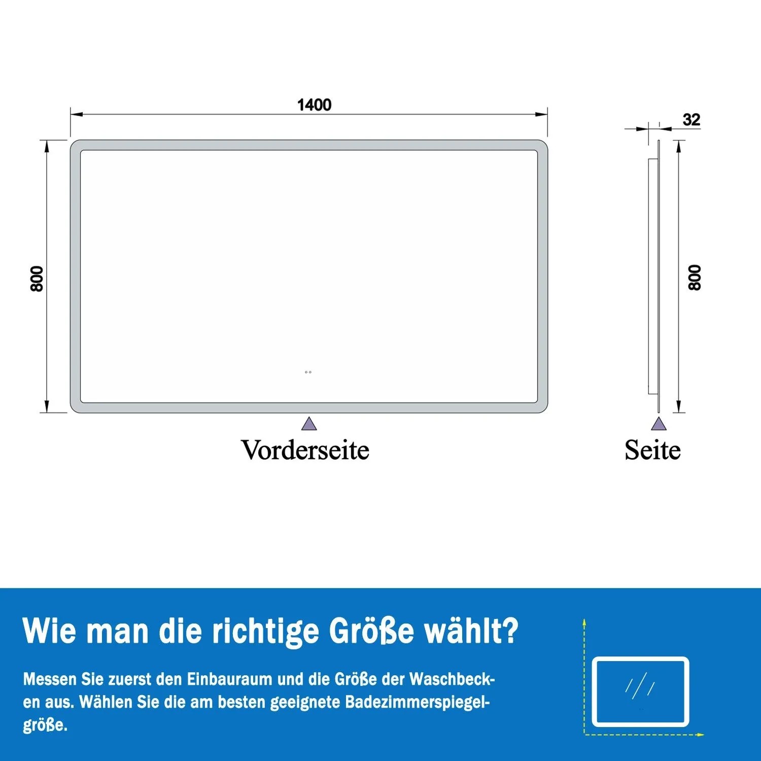 Skizze Badspiegel Aica 140x80 cm mit Maßangaben (Vorder- und Seitenansicht)