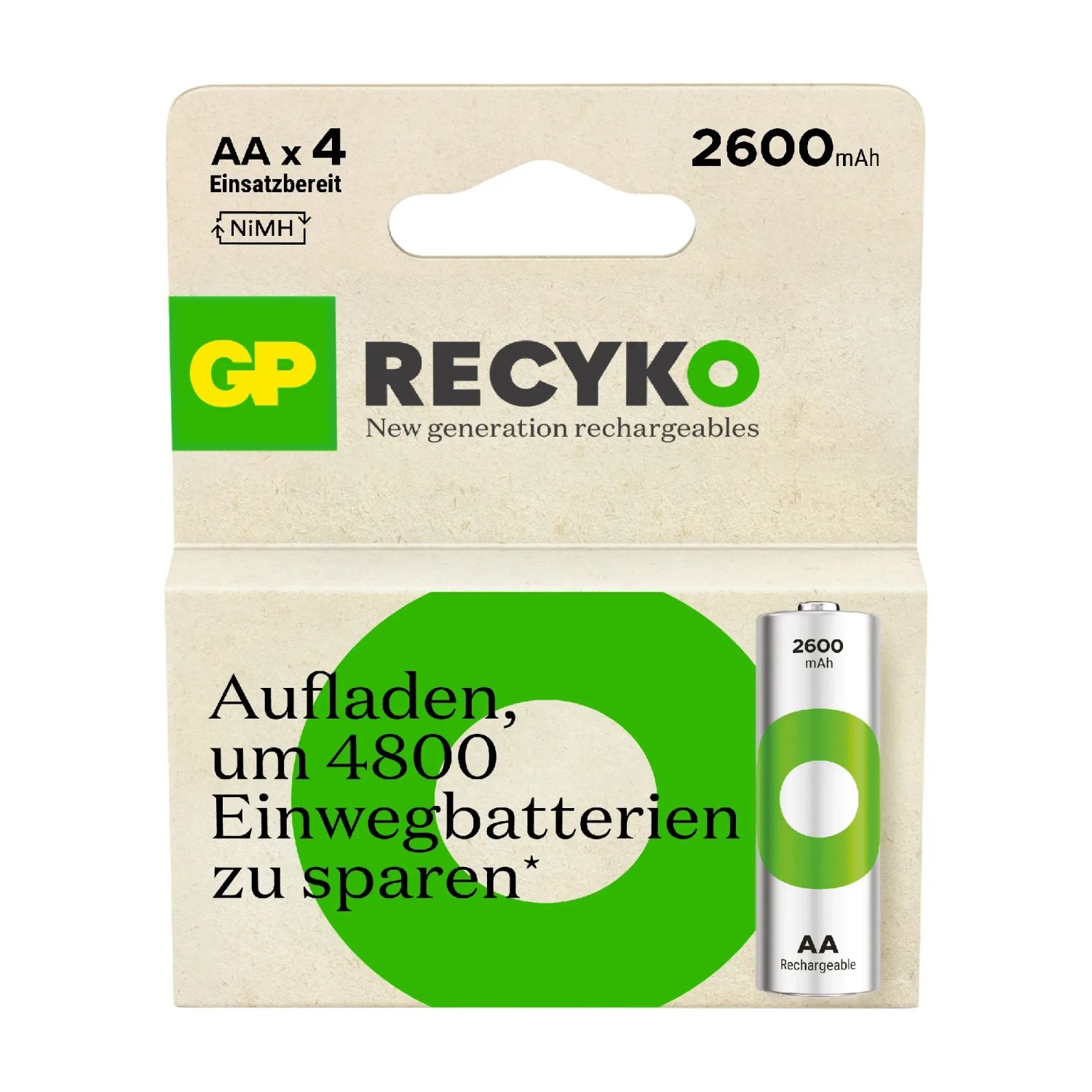 GP Recyko AA Akku, 4er-Pack: Wiederaufladbare NiMH-Batterien mit 2600 mAh.