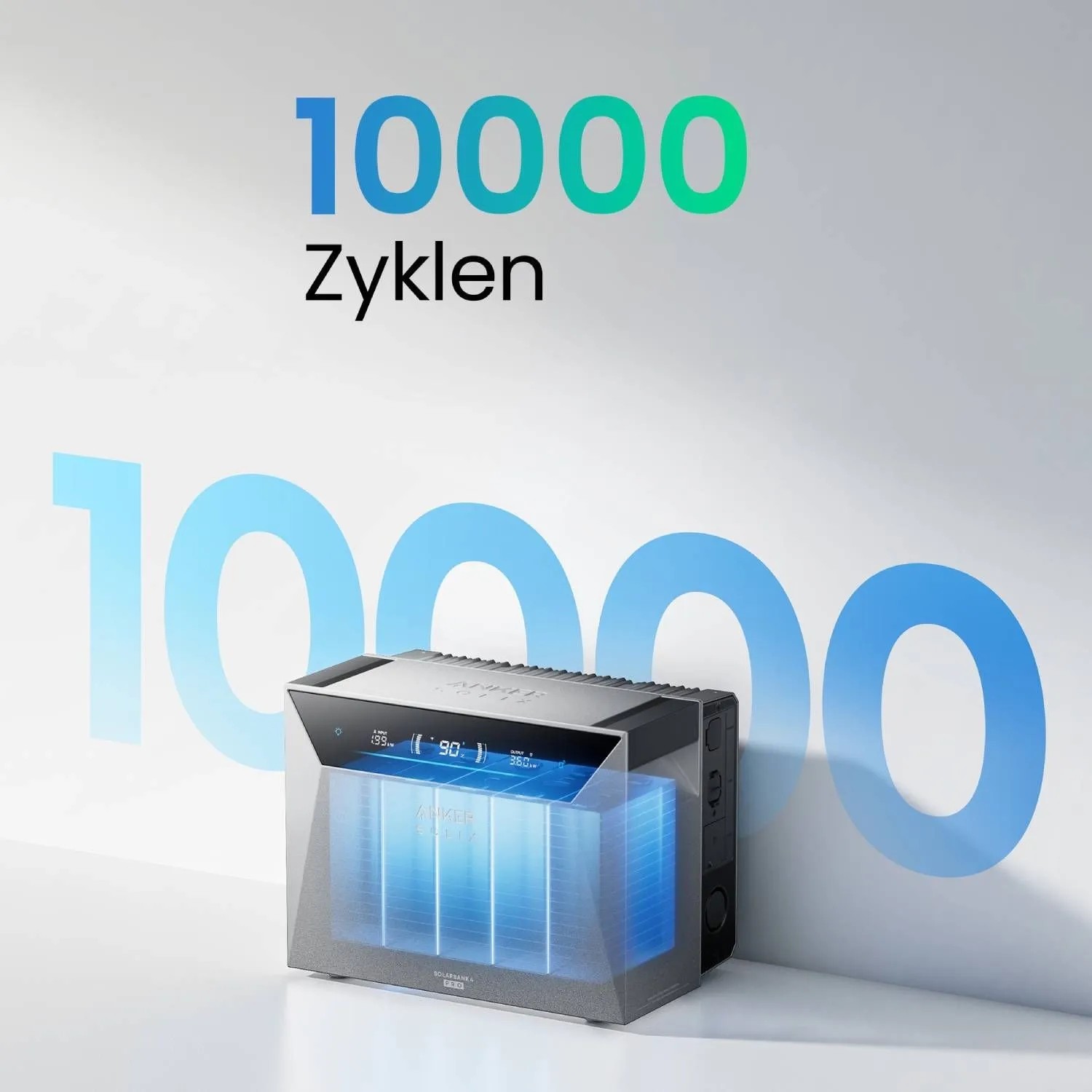 Anker SOLIX Solarbank E5000 Pro für Balkonkraftwerk, dunkler Batteriespeicher, zeigt 10000 Zyklen.