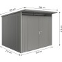 Biohort Metall-Gerätehaus AvantGarde A6, quarzgrau-metallic, mit Doppeltür und Maßangaben.