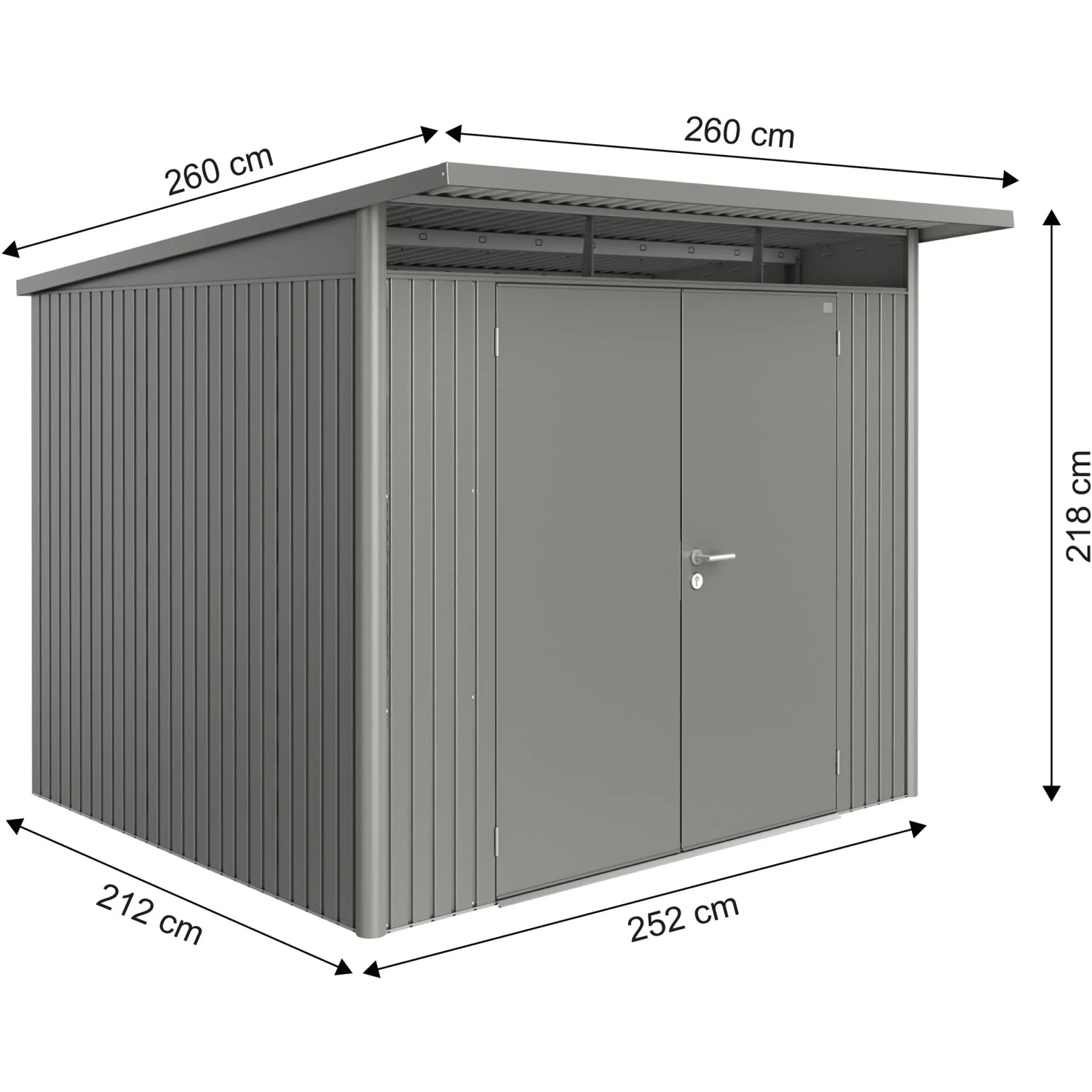 Biohort Metall-Gerätehaus AvantGarde A6, quarzgrau-metallic, mit Doppeltür und Maßangaben.