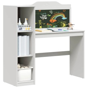 Weißer vidaXL Schreibtisch aus Holzwerkstoff mit Kreidetafel und seitlichem Regal, ideal für Kinderzimmer oder Büro.