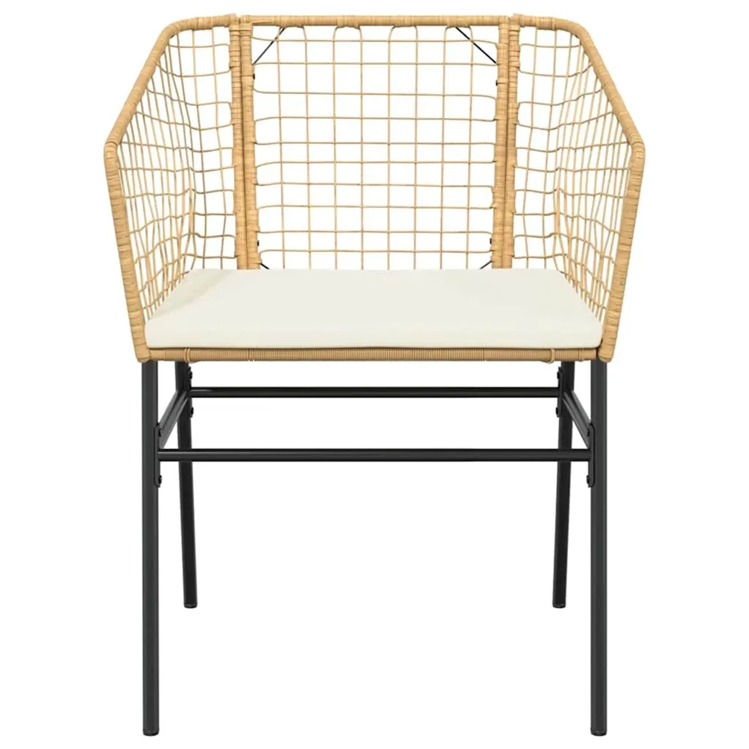 Gartenstuhl aus Rattan, braun, mit cremefarbenem Kissen und schwarzem Stahlgestell.