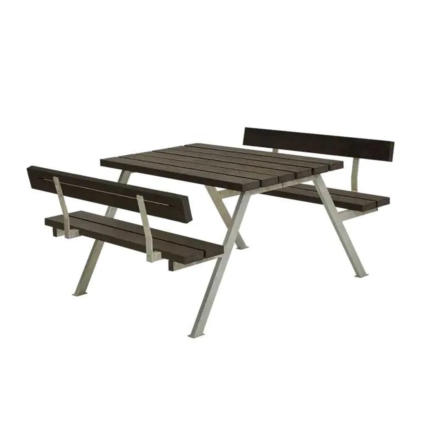 PLUS Gartensitzgruppe 118 cm RePlast Schwarz mit 2 Rückenlehnen Kompakte Outdoor-Tisch-Bank-Kombination