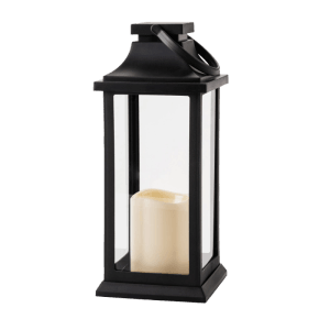 Schwarze LED Laterne ARCUS aus Kunststoff mit flackernder warmweißer LED-Kerze für Grab und Garten.