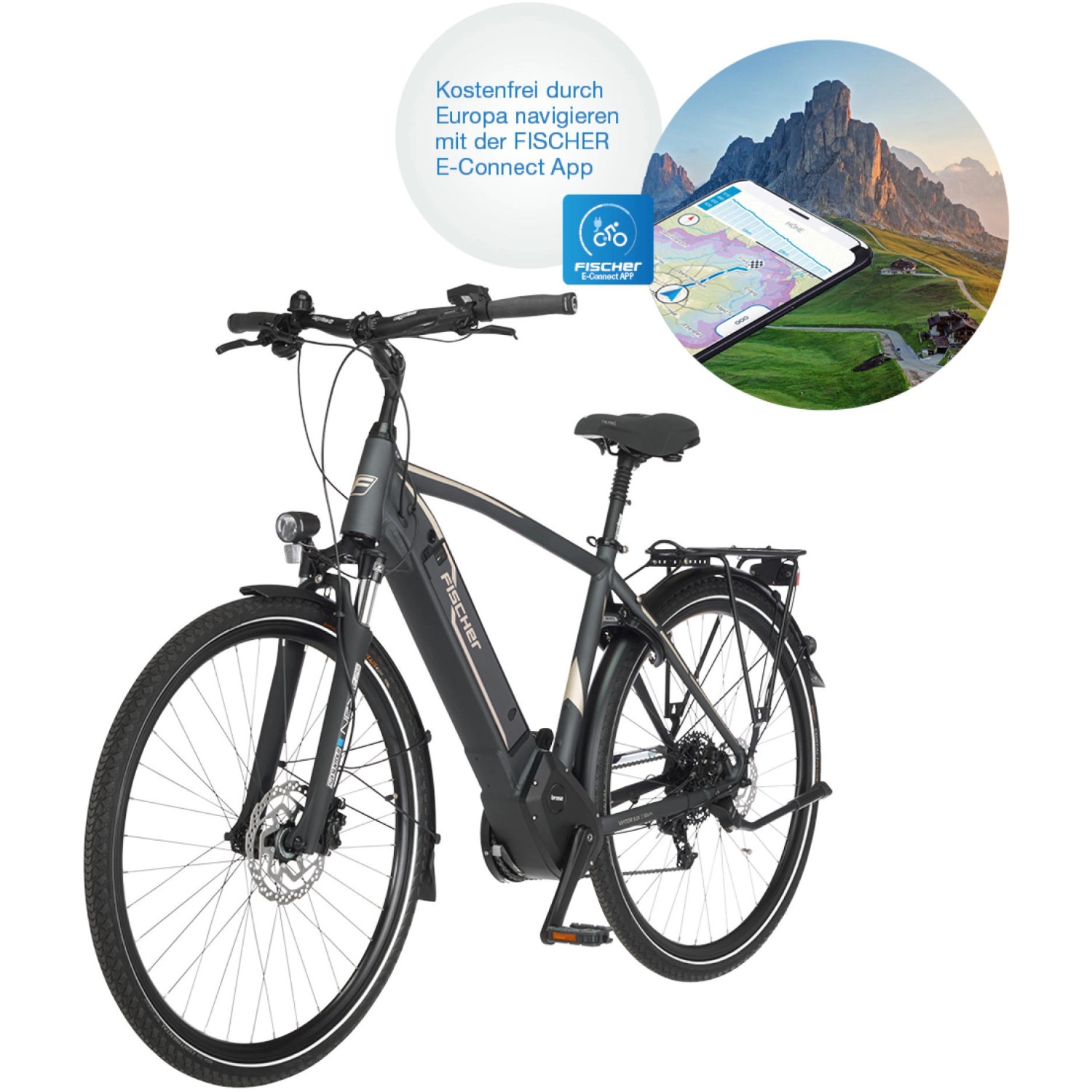 Graues Fischer E-Bike Viator 5.0i mit Diamantrahmen und Smartphone-Integration.