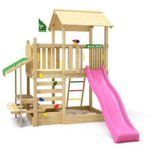 Jungle Gym Spielturm Plaza mit Rutsche Fuchsia, Kletterwand, Sandkasten und Picknick Modul.