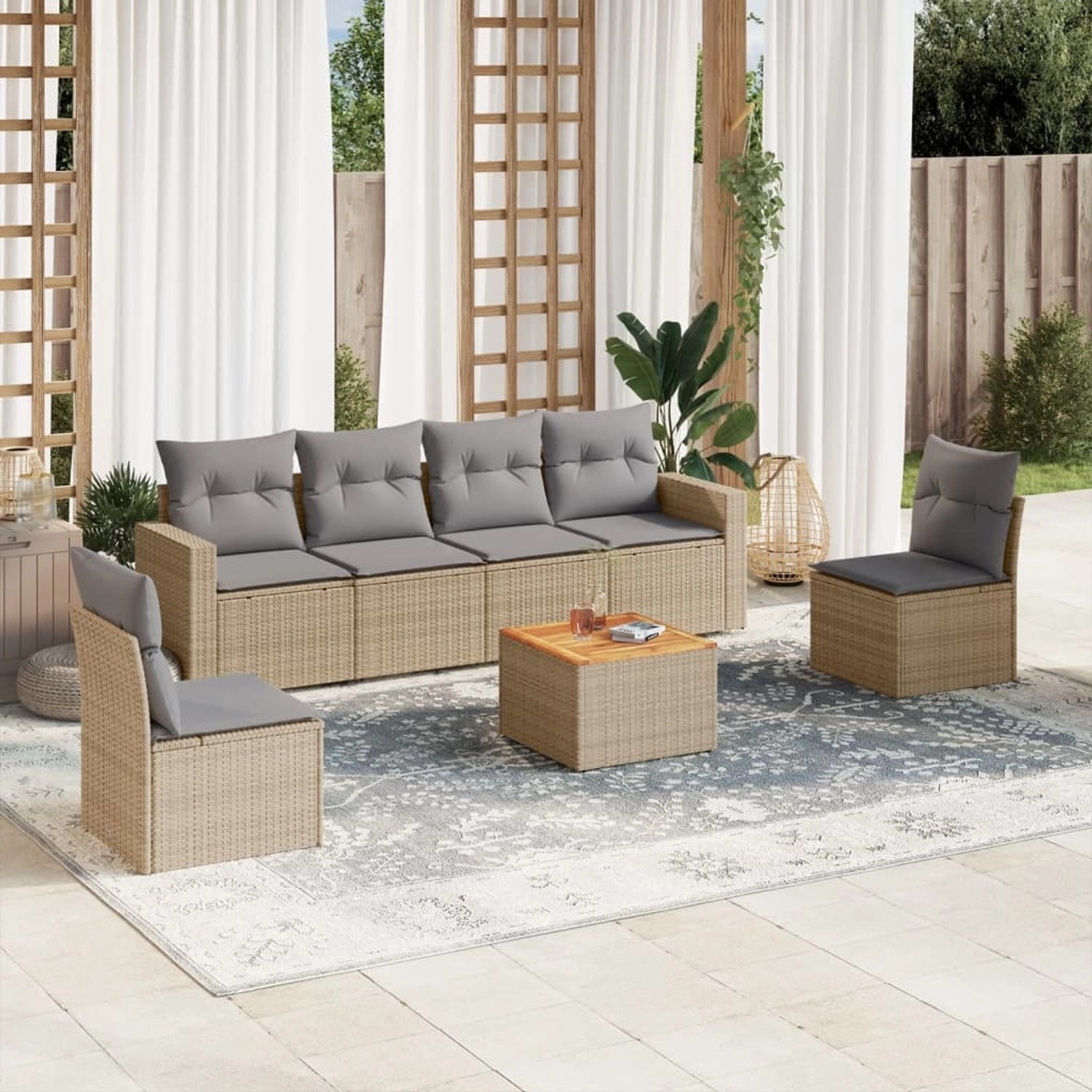 7-tlg. Garten-Sofagarnitur aus Rattan, beige, mit Kissen. Gartenmöbel für Terrasse und Garten.