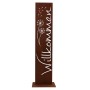 Rostikal Willkommen Stele aus Cortenstahl, 71 cm, mit Pusteblumen Motiv und Edelrost Patina. Gartendeko.