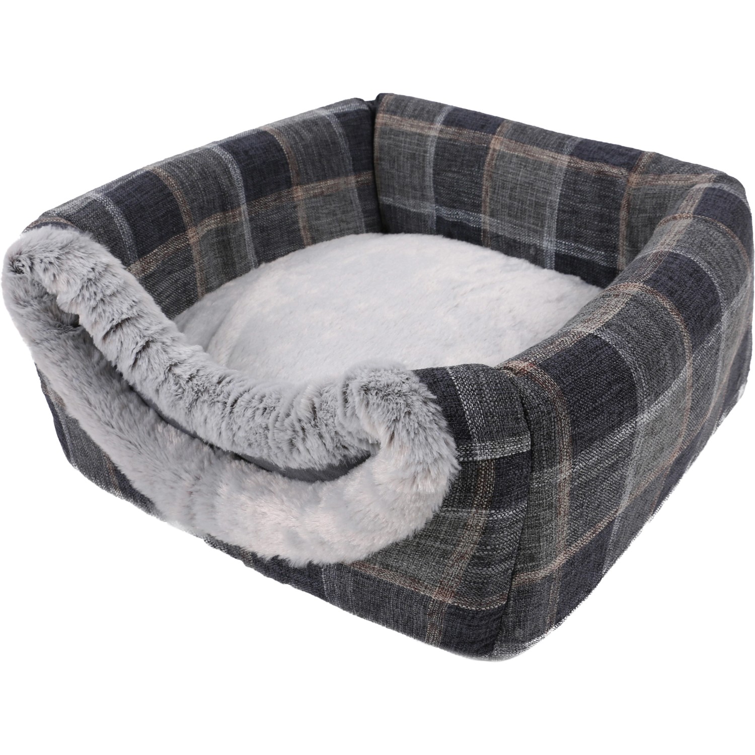 Grau karierte Hunde- und Katzenhöhle Schottland mit weichem, herausnehmbarem Kissen.