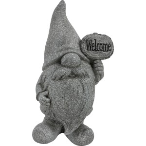 Graue Gartenfigur Zwerg mit Willkommen-Schild, 25,5 cm hoch, aus Polyresin für Garten oder Terrasse.