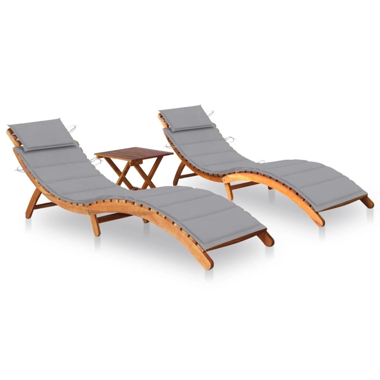 VidaXL Sonnenliegen 2 Stk. mit Tisch und Auflagen Polster-Farbe  Grau Massivholz Akazie