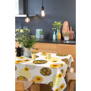 Venilia Tischdecke Sunflowers, 140 cm Meterware mit gelben Sonnenblumenmuster.
