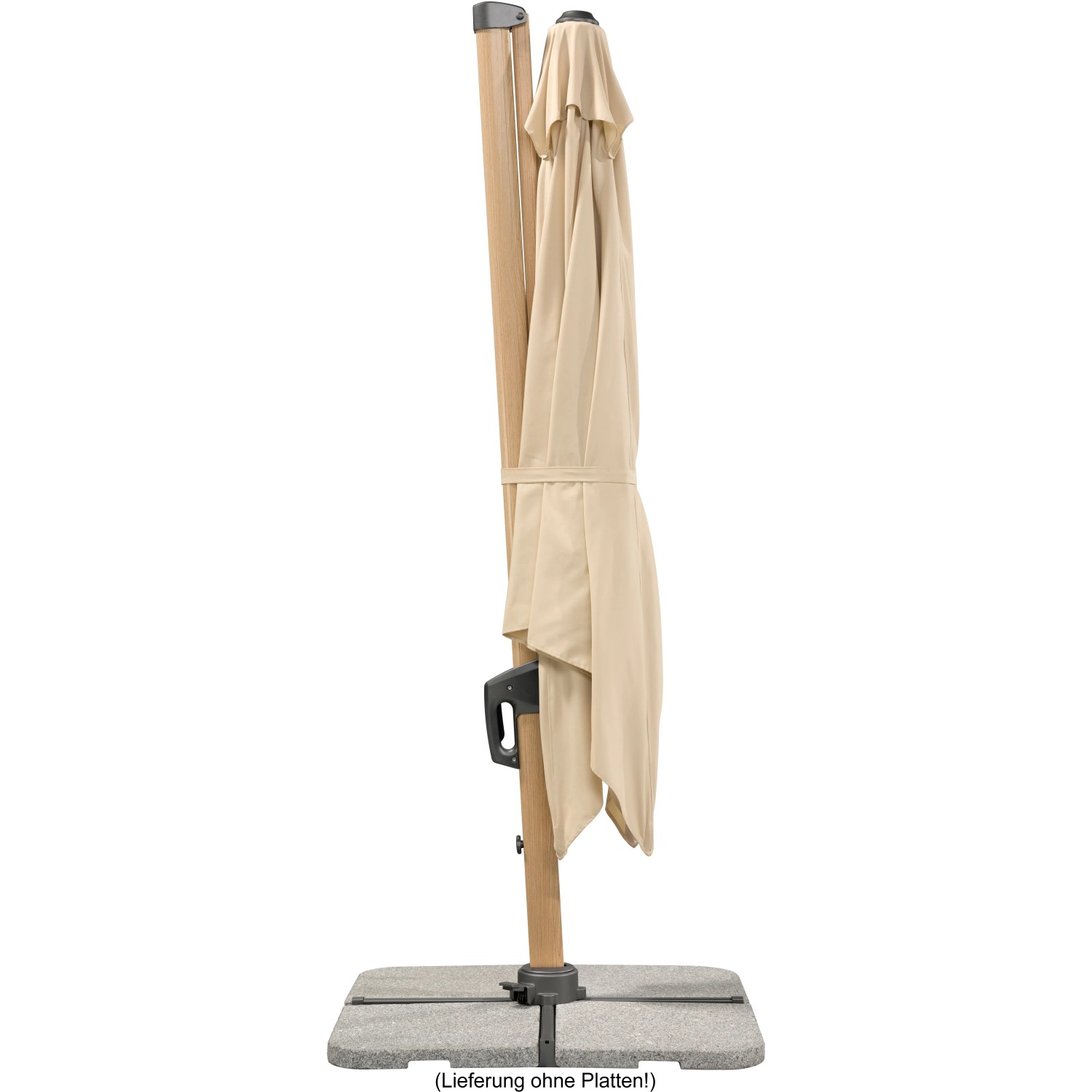 Geschlossener, naturfarbener Schneider Ampelschirm 360 cm x 300 cm mit Kurbelmechanik.