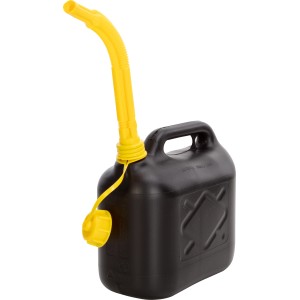 Schwarzer 5 l Reserve-Kraftstoffkanister aus Kunststoff mit gelbem Einfüllstutzen.