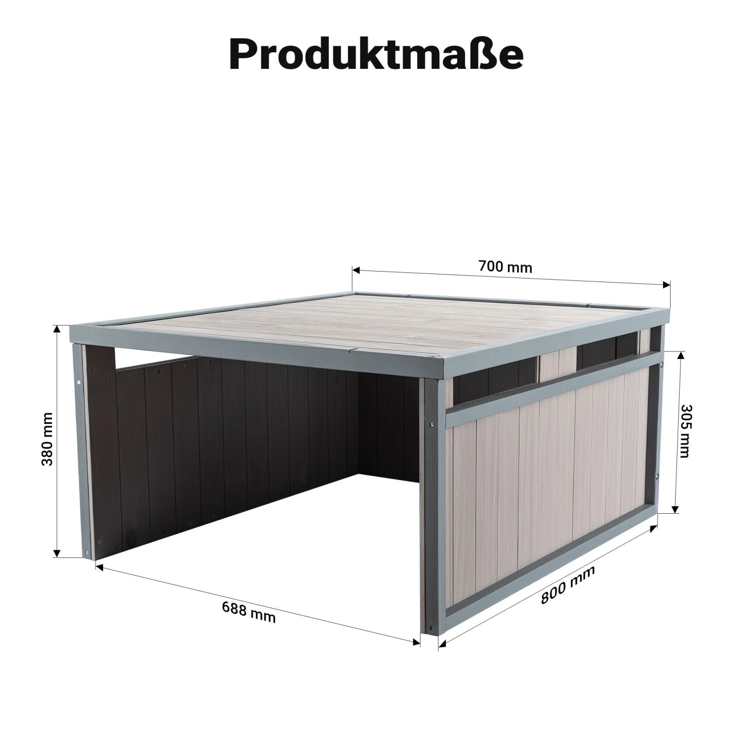 Graue Wiltec Mähroboter Holzgarage mit Flachdach und Maßangaben. Robuster Tannenholz-Unterstand für Mähroboter.