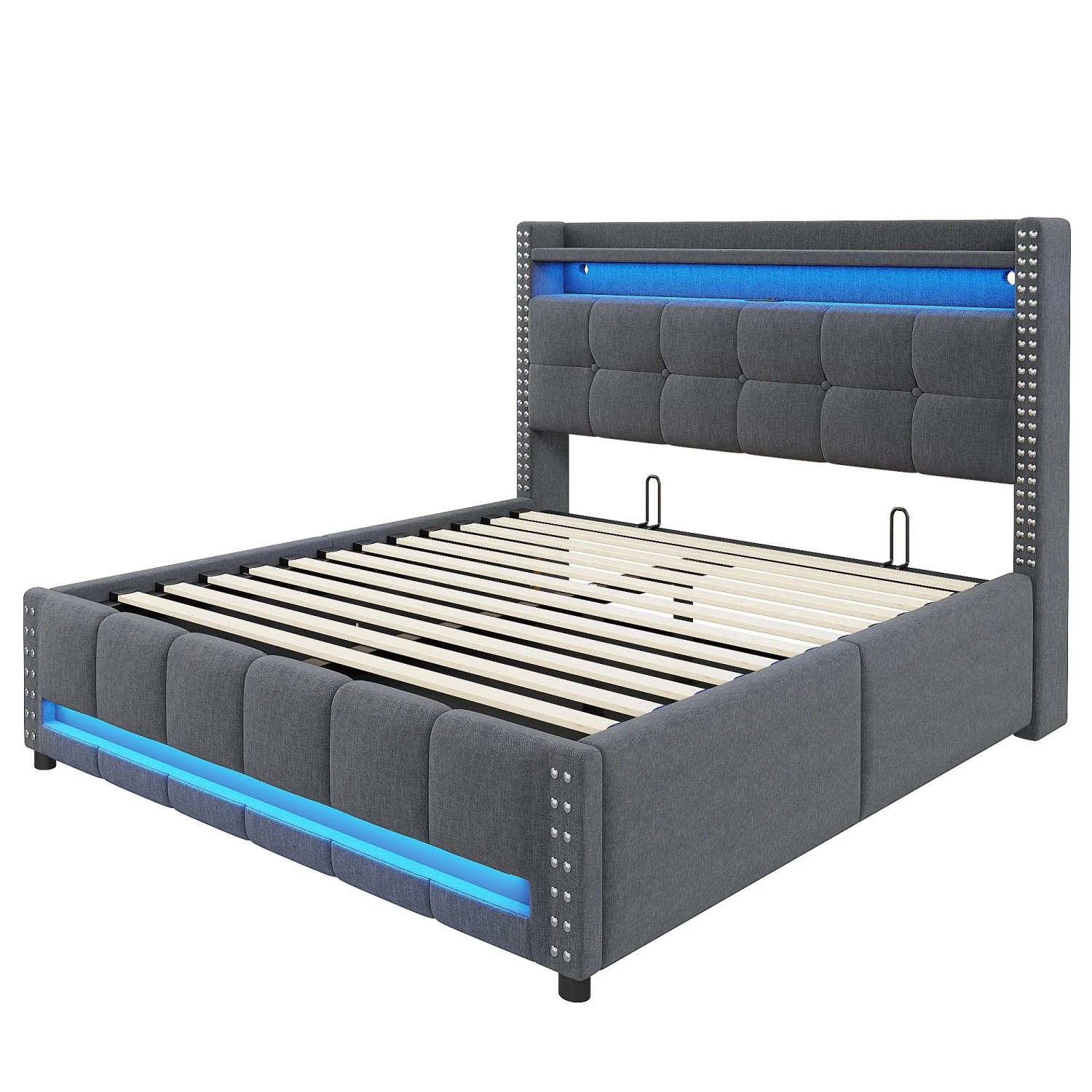 okwish Polsterbett 140x200cm mit LED USB C Hydraulik Stauraum Schlafzimmer Dunkelgrau ohne Matratze