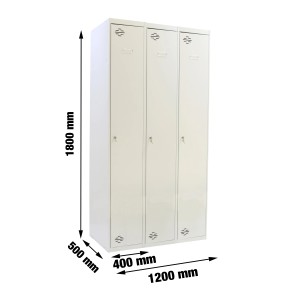 PROREGAL Spind Amego mit 3 Abteilen, lichtgrau, aus Metall, mit Maßen.