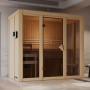 Karibu Sauna Vaira 2 mit Ganzglasfront, naturbelassen. Inklusive Saunatür und Ofenschutzgitter.