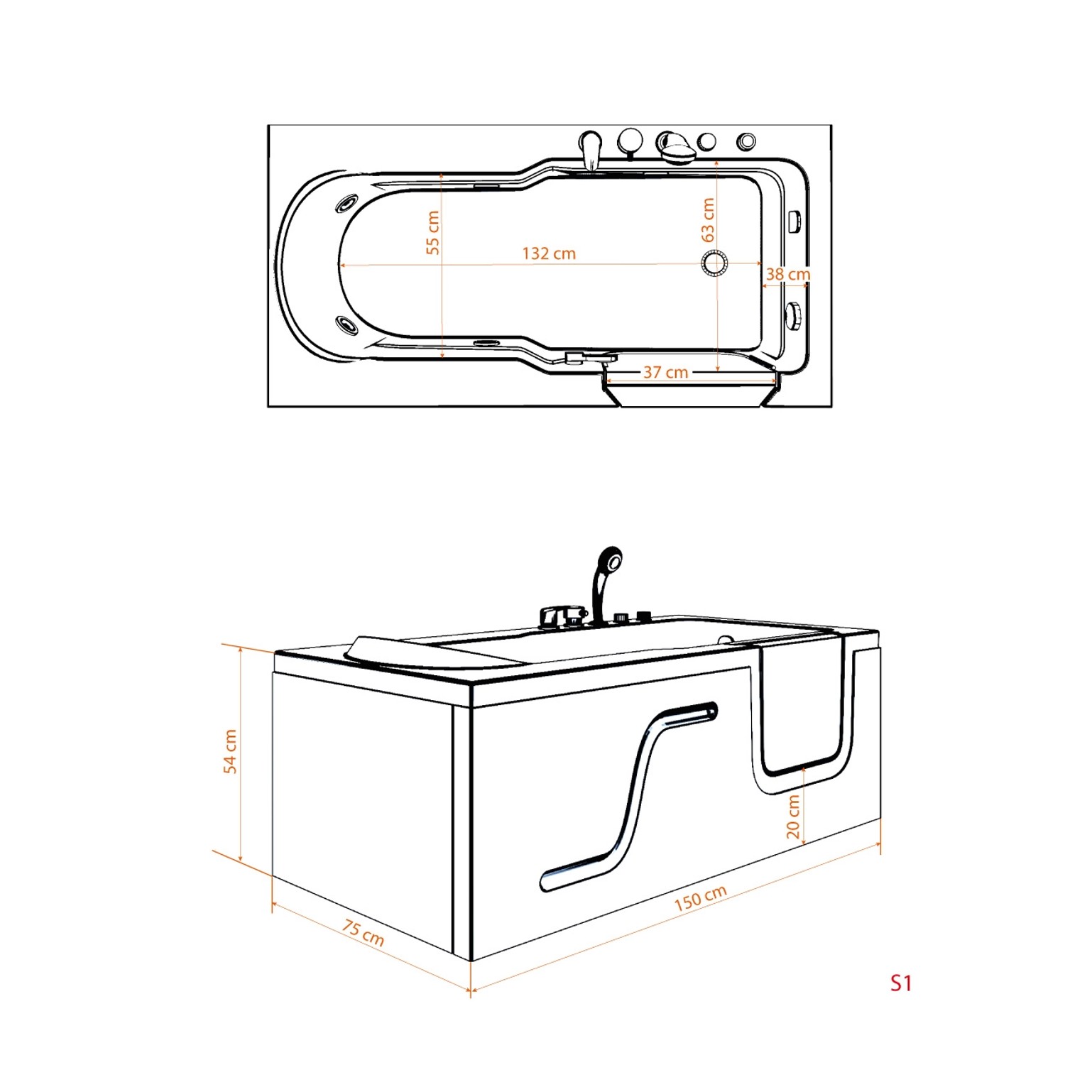 Skizze der AquaVapore Seniorenwanne mit Tür, Maße: 150x75cm, Einstiegshöhe 20cm.