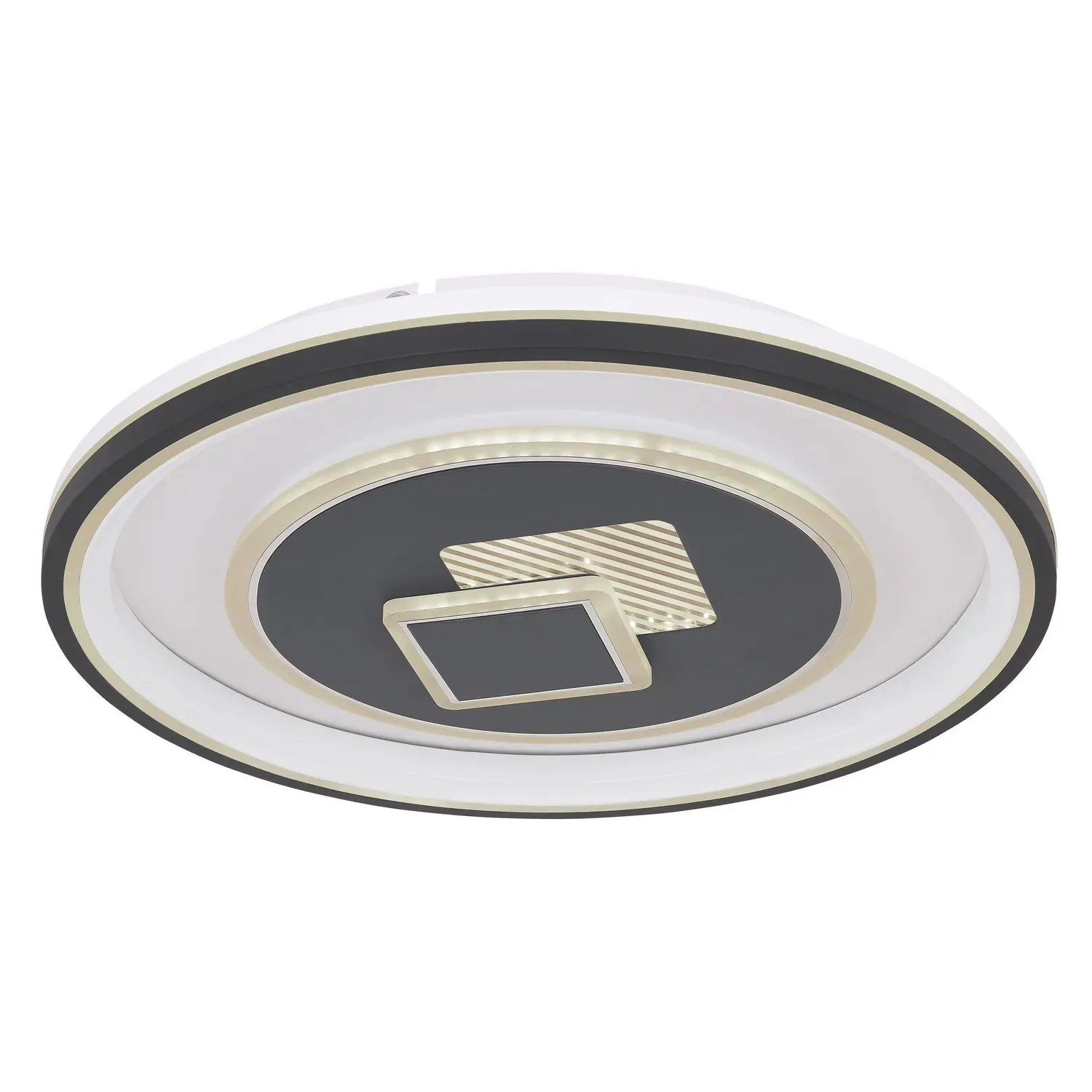 Moderne LED-Deckenleuchte Sundi, weiß/graphit, Ø 50 cm, dimmbar mit Fernbedienung.