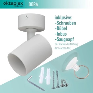 Weiße Oktaplex Bora Spotleuchte aus Aluminium, dreh- und schwenkbar, mit Montagezubehör.