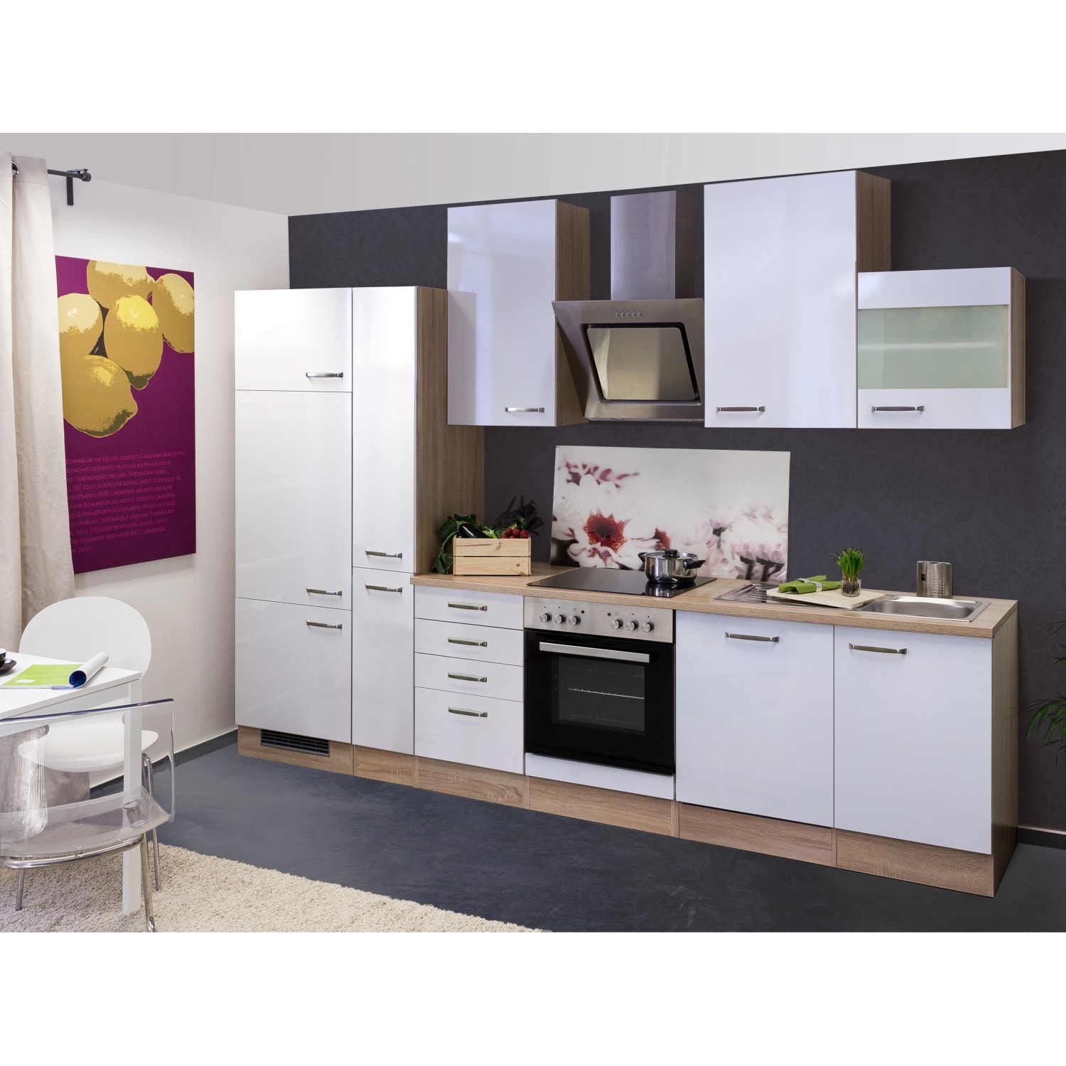 Flex-Well Exclusiv Küchenzeile/Küchenblock Valero 310 cm Hochglanz Weiß - Sonoma Eiche