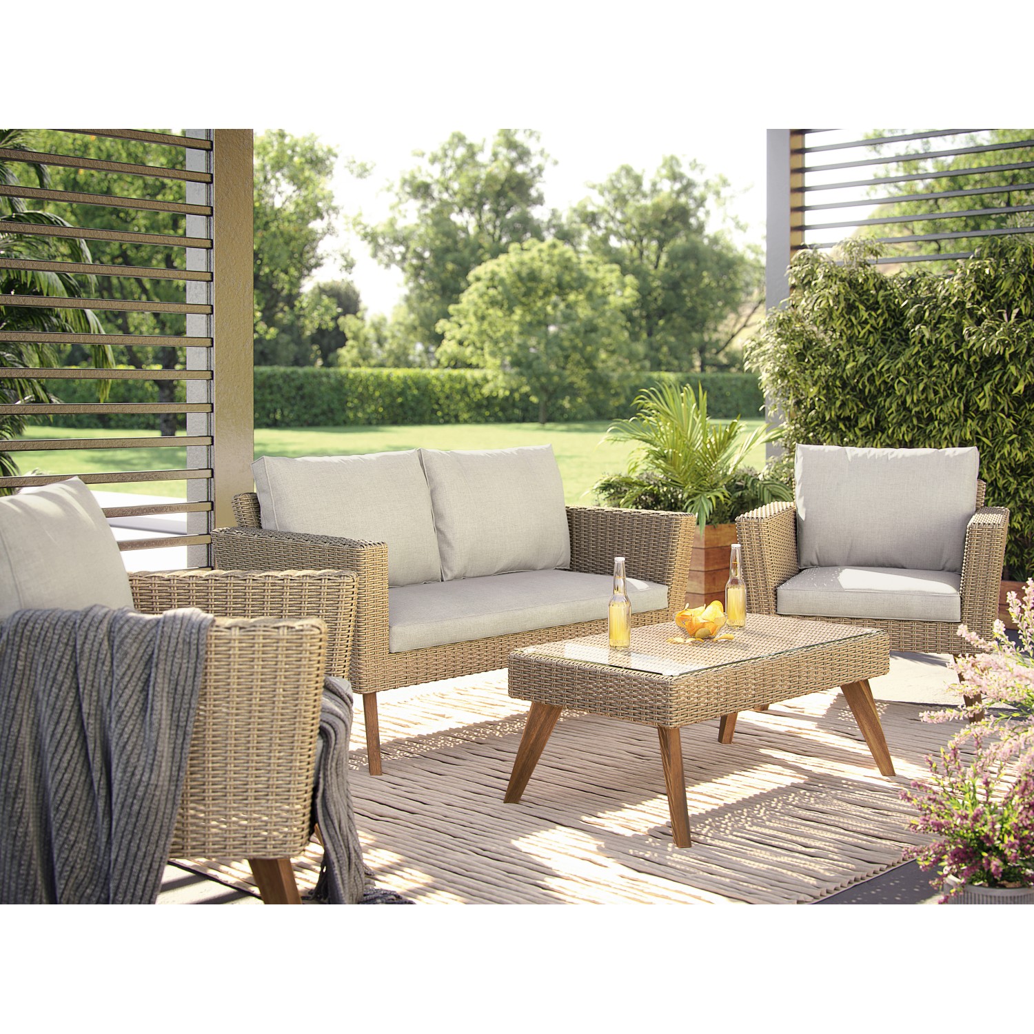 4-teiliges Sofa-Lounge-Set Borup in Beige mit Rattangeflecht, ideal für Garten und Terrasse.