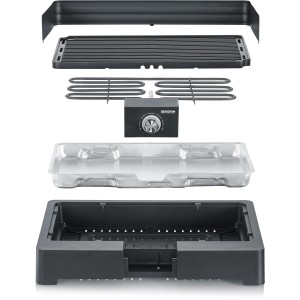 Severin PG 8567 Tischgrill, zerlegt: Grillplatte, Heizelement, Wanne und Gehäuse für einfache Reinigung.