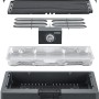 Severin PG 8567 Tischgrill, zerlegt: Grillplatte, Heizelement, Wanne und Gehäuse für einfache Reinigung.
