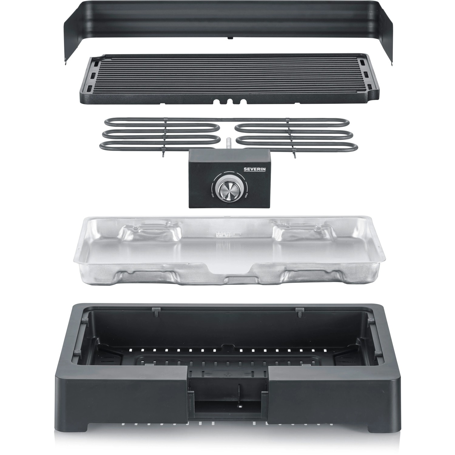 Severin PG 8567 Tischgrill, zerlegt: Grillplatte, Heizelement, Wanne und Gehäuse für einfache Reinigung.