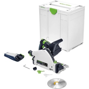 Festool Akku-Tauchsäge TSC55KEB-Basic, weiß-grün, mit 160mm Sägeblatt, Staubbeutel und Systainer. Leistungsstarke 18V Säge.